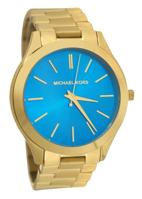 Michael Kors MK3265 Gold Tone Slim Runway Turquoise Blue 